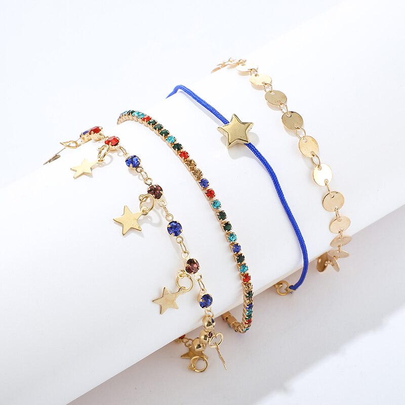 Tocona Fuß Schmuck Bunte Kristall Strass Fußkettchen Set Sterne Pailletten Anhänger Barfuß Knöchel Bein Armbänder Sommer Schmuck 8641