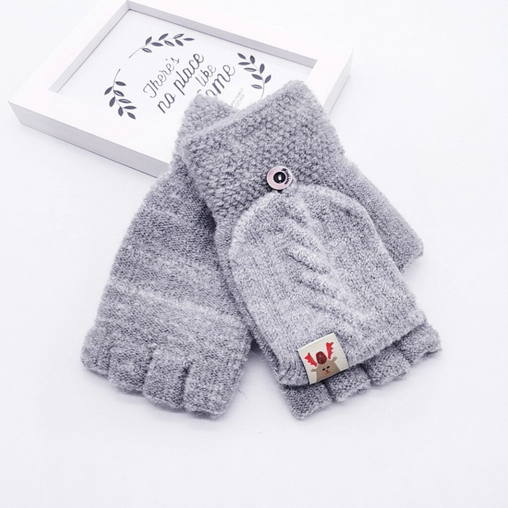 Winter Gloves Children Kids Warm Knitted Convertible Flip Top Fingerless Mittens Gloves Plus Thick Male Mitten L3: Gray