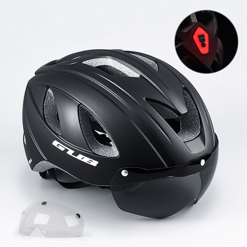 GUB-casco de bicicleta de carretera para hombre y mujer, con luz trasera integrada, gafas de seguridad, equipo de ciclismo: Matte Black 1Lens