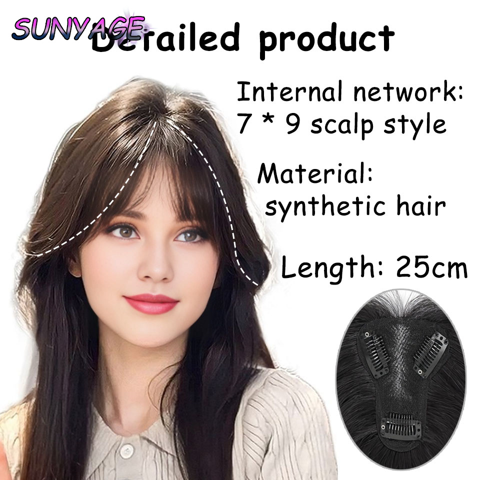 SUNYAGE Clip en flequillo de pelo sintético Natural, piezas de cabello con flecos, extensión de cabello de parte media, Topper para mujeres, pérdida de cabello