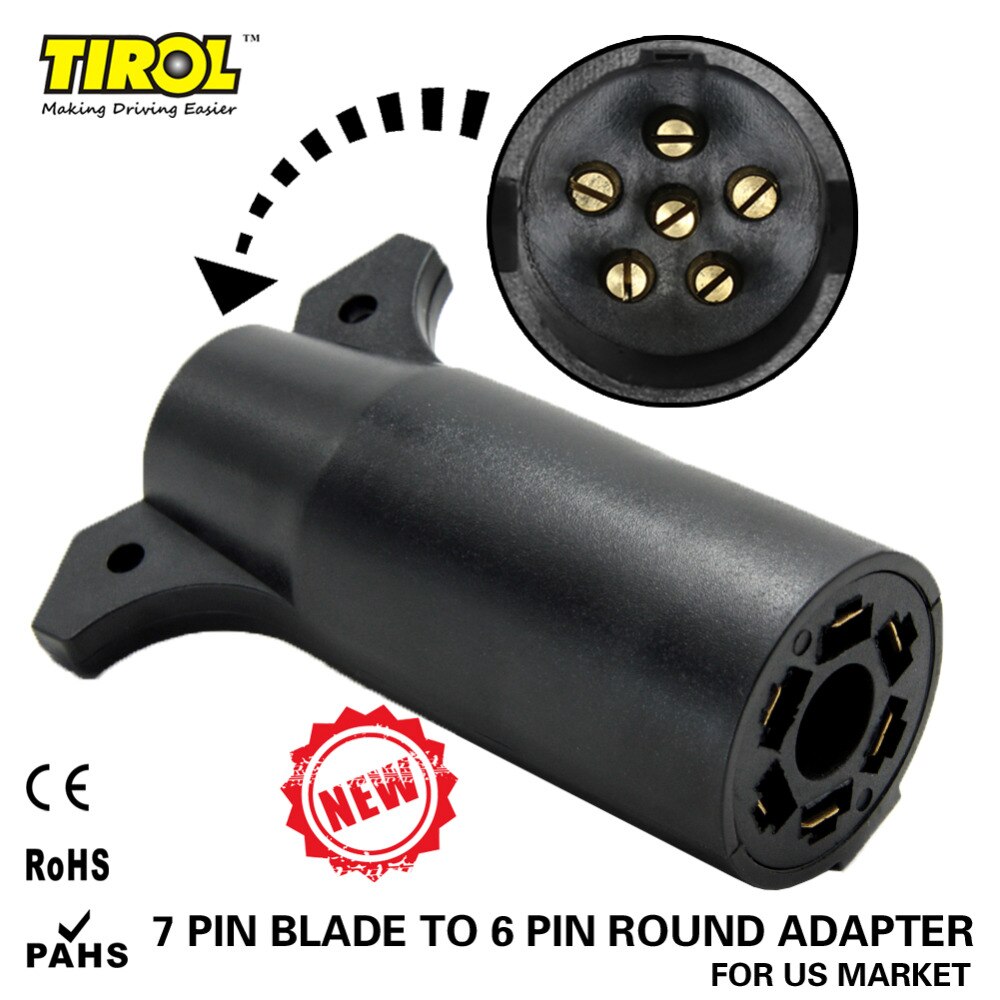 TIROL T21850a American Trailer Light Plug Connector 12V 7 Way Pin RV Blade to 6 Way Round Plastic Trailer Adapter