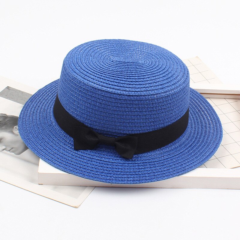 Ladies Summer Solid Top Hat Sun Visor Sun Straw Beach Hat Female Casual Panama Hat Lady Brand Women Flat brim Bowknot Straw cap: Blue