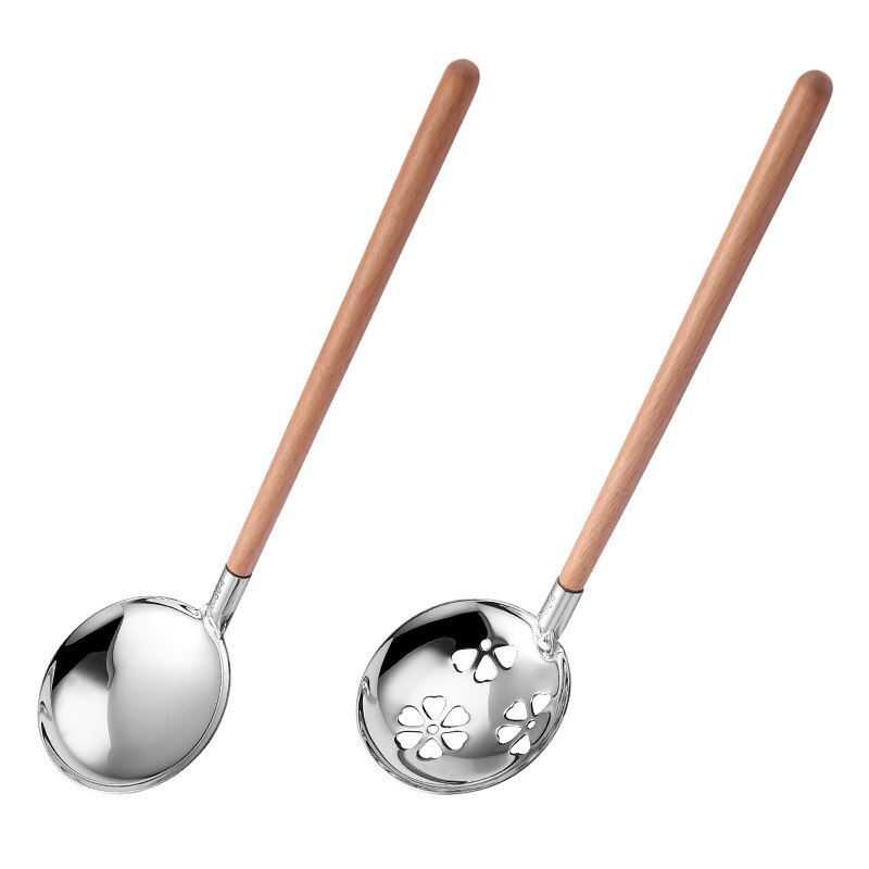 2PCS Stainless Steel Wooden Handle Spoon/Colander 26.7CM Pot Spoons Flatware Soup Drinking Tools Kitchen Gadget