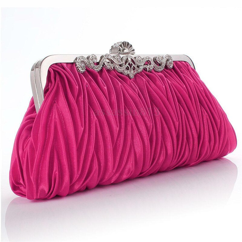 Kvinder dame satin krystal brude håndtaske kobling fest bryllup pung aften taske: Hot pink