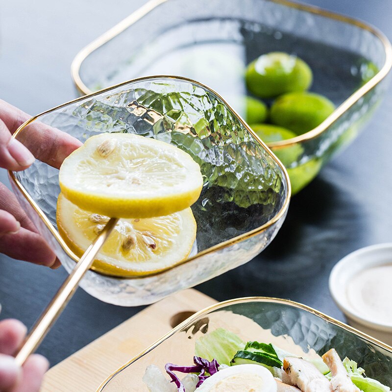 Mdzf sweethome nordisk gyllene kant salladsskål transparent glas frukt tallrik efterrätt rund fyrkantig skål porslin