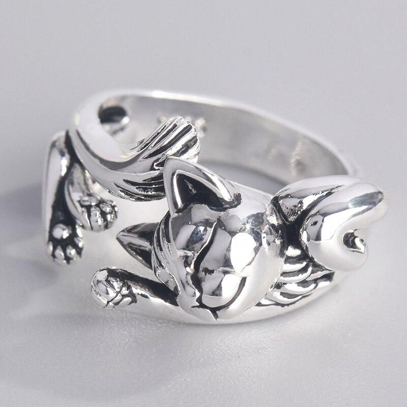 Retro Neutrale Slaap Kat Open Finger Ring Unieke Mode Dier Punk Ring Voor Mannen Vrouwen Verstelbare Vingers Sieraden