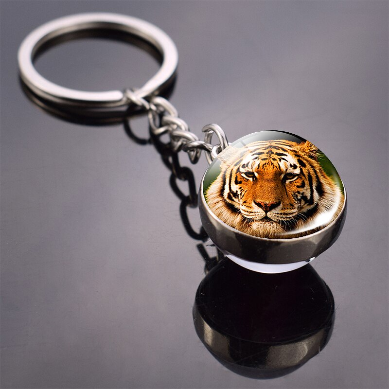 Tiger Keychain Animal Tiger Head Picture Glass Ball Key Chain Ring Keyfob Tiger Jewelry Valentine's