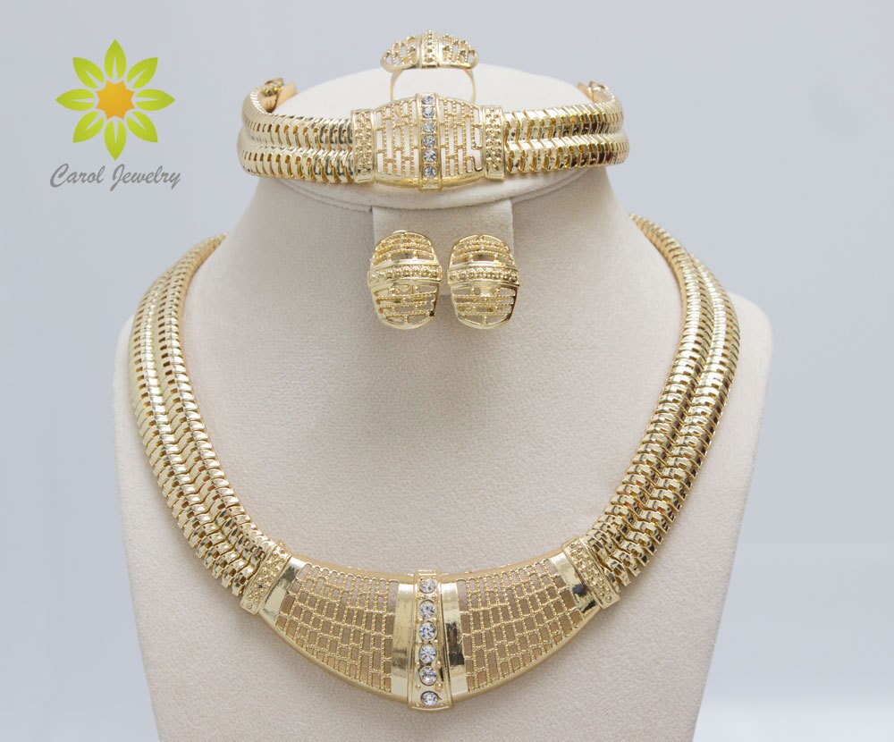 Goud Kleur Dubai Afrikaanse Wit Kristal Ketting Armband Oorbel Ring Bruiloft/Bruid Sieraden Set