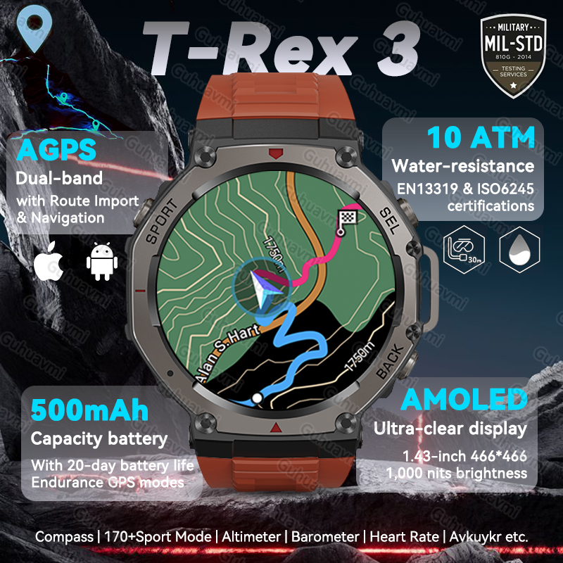 T-Rex 3 Wbudowany Dwuzakresowy GPS Wojskowy Smartwatch Męnarty Kompas Altimetr Barometryczny 10ATM i IP69K Wodoodporny 170+ Sportowy Smartwatch