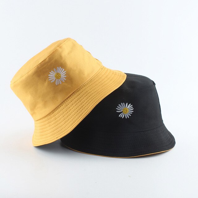 neue Koreanische Rosa Kuh Druck Eimer Hütte Frauen reversibel Angeln Kappe Bob Chapeau Herbst Sommer: Gelb Schwarz Gänseblümchen