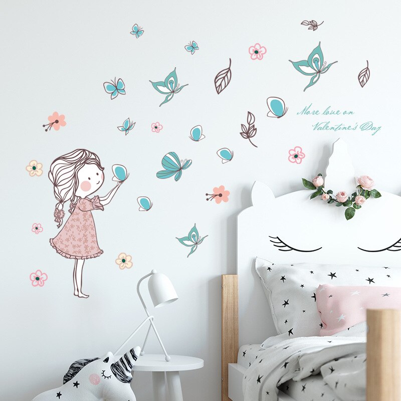 Flying Butterfly Girl Wall Stickers Bedroom Girls Room Home Decoration Art Mural Cartoon Stickers Children's Room Wallpaper