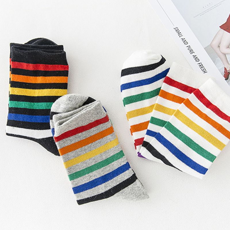 Women Teen Girls Harajuku Rainbow Striped Crew Socks Preppy Style Hip-Hop Skateboard Cotton Novelty Sports Short Tube Hosiery