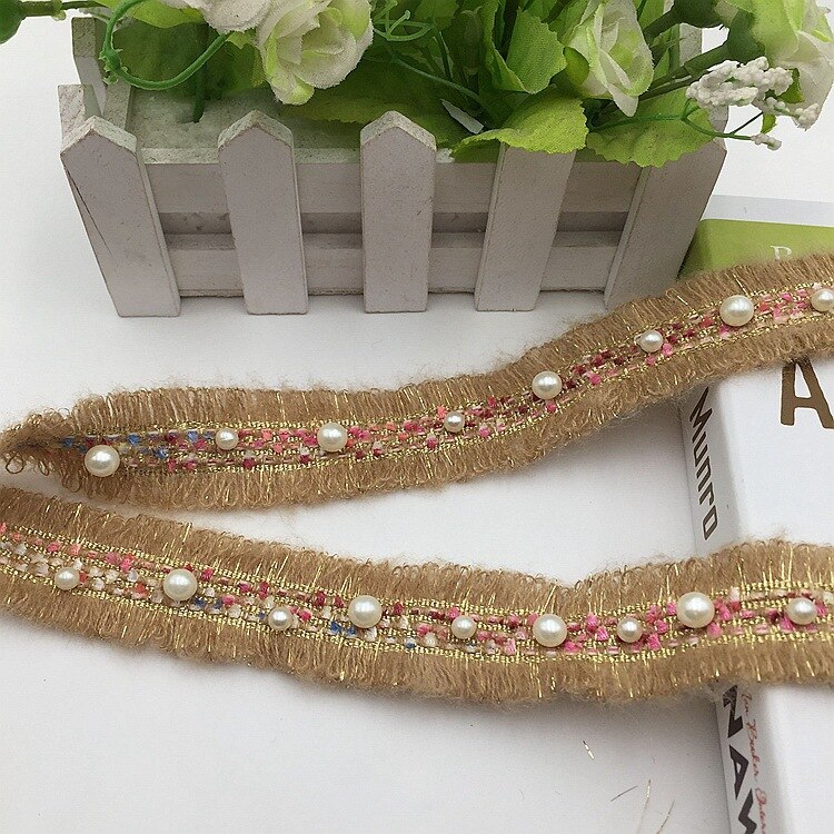 Sangle en Mohair de style effiloché et parfumé, 3CM, 10yards, avec perles de fil métallique, pour jeux, chapeaux, épingles Accessoires de couture: khaki with beads