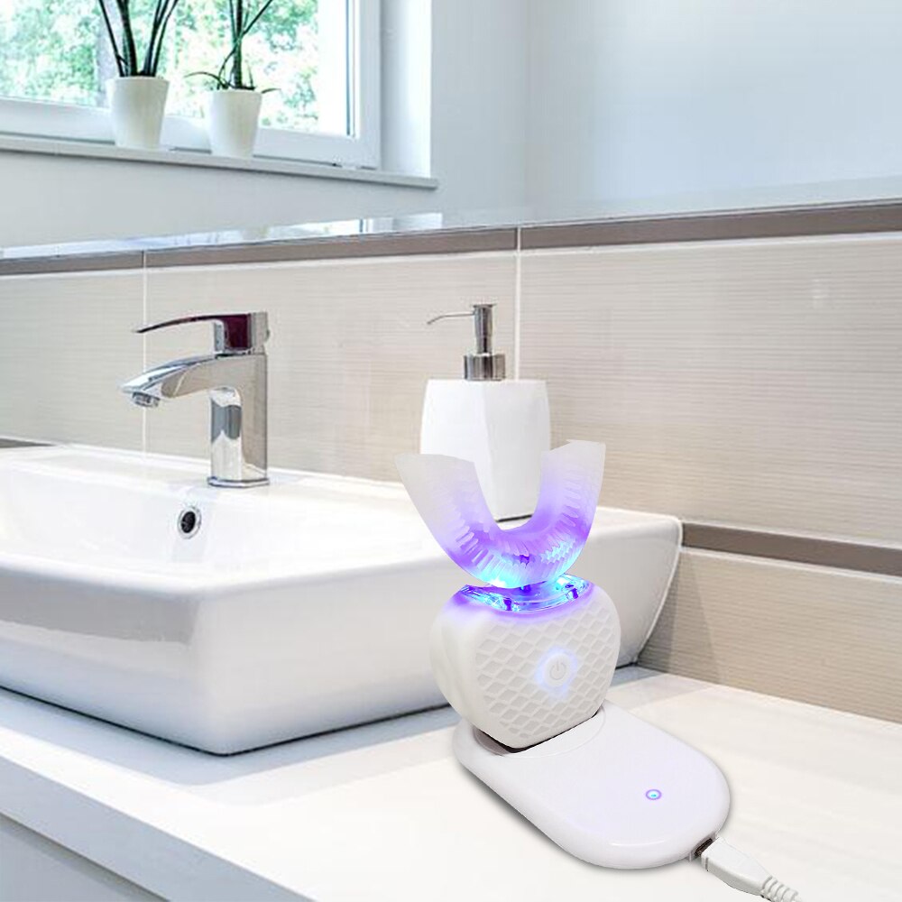 360 grad Automatische Elektrische Schall- Zahnbürste U Typ 4 Modi Zahnbürste USB Aufladbare Blau Kalt licht Zähne Bleichen Erwachsene