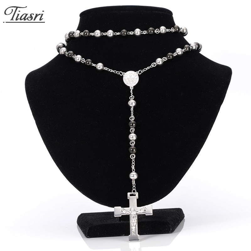 Tiasri Halskette Frauen Lange Kette Jesus Kreuz Anhänger Kragen Choker Silber Farbe Runde Perle Pullover Kette Freund