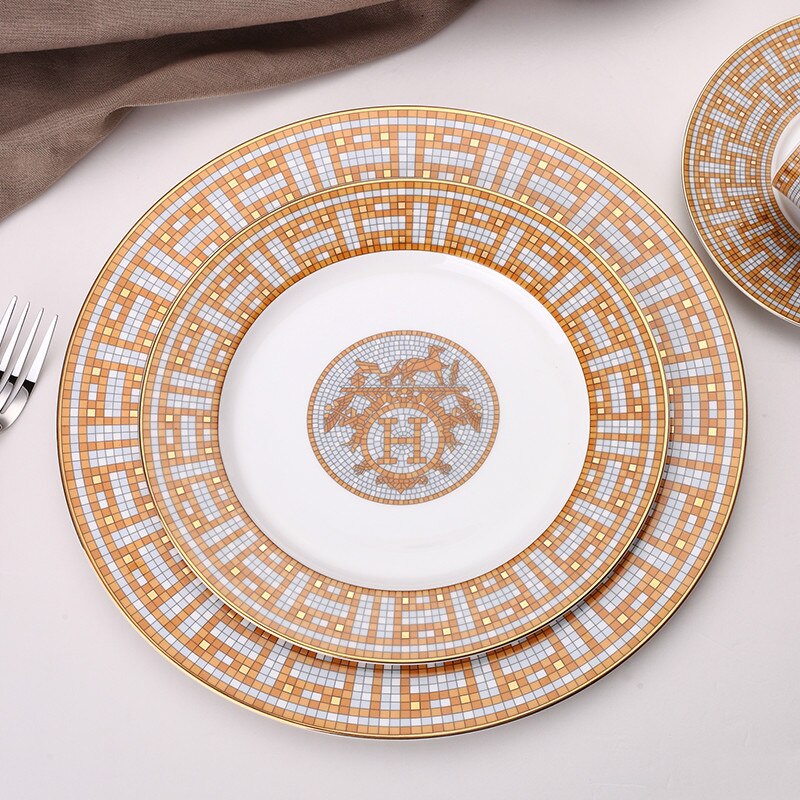 Ceramic Dinner Plates Geometric Pattern Ceramic Dish Dinner Plate Yellow Grid Dinnerware Set dessert plate dinnerware cake plate