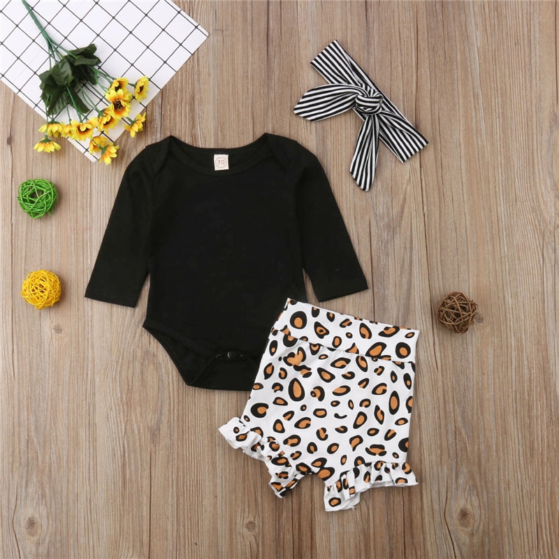 3Pcs/set Baby Girl Clothes Casual Leopard print Baby Romper+Short Pants+Headband Infant Clothing Outfit Summer Newborn Clothes