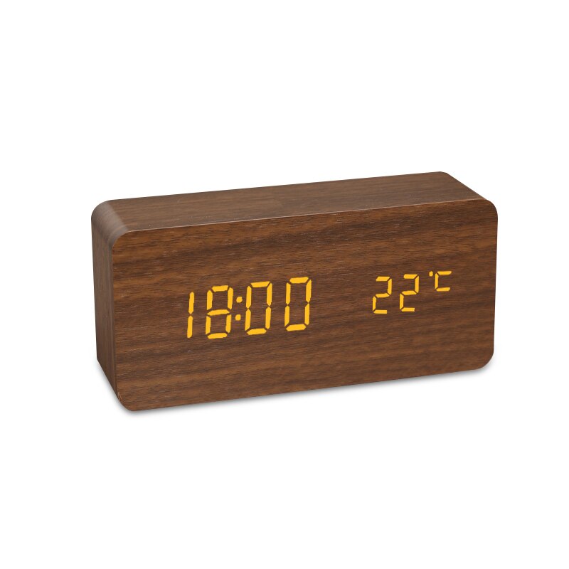 Alarm Clock LED Wooden Watch Table Voice Control USB/AAA Powered Digital Desktop Clocks Home Decor: Brown B