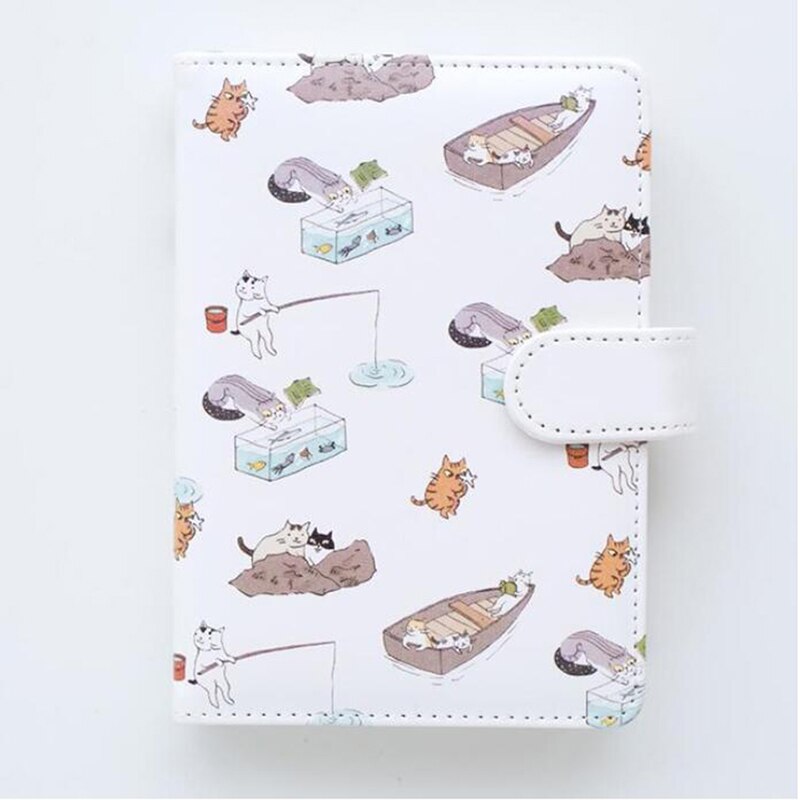 1Pc Notebook Stationery Cute Cat Printed Leather Cover Kids Notebook Color Paper Binder Diary: white