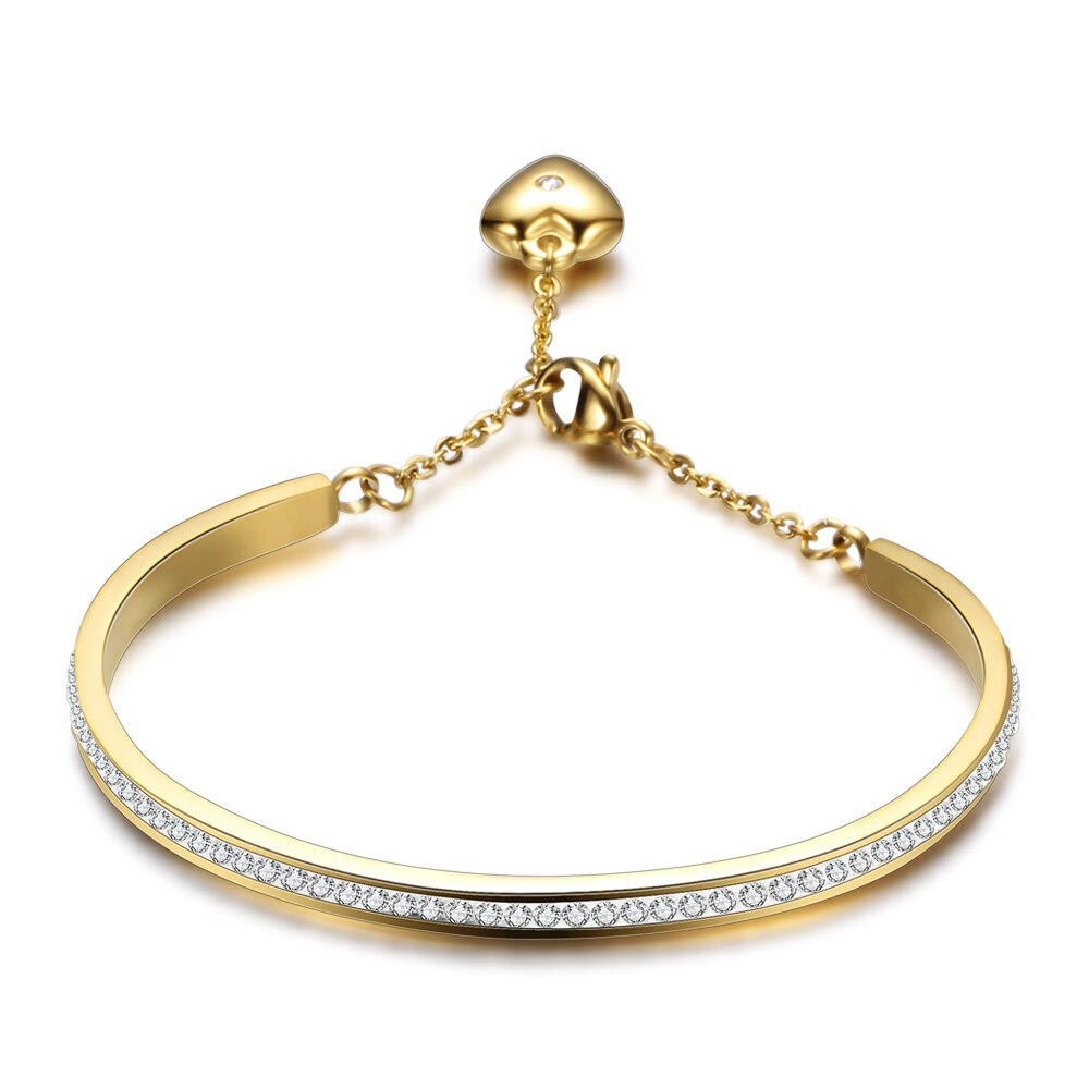 NIBA Gold-Color Cuff Bangle For Women One Row Crystal Stainless Steel Bracelet Bangle Jewelry Adjustable Chain