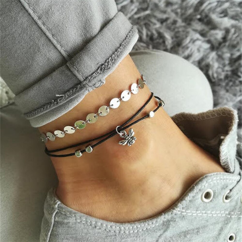 Modyle Bohemian Crystal Anklets for Women Boho Gold Heart Star Anklet Multilayer Foot Bracelet on Leg Beach Anklet Jewelry: J50088
