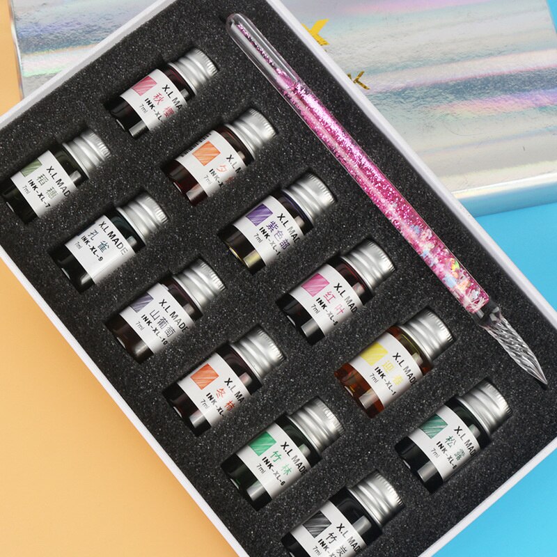 7/13pcs Glass Dip Pen And Blue Ink Sets Box Sequin Series Signature Pencil Handicraft Dip Pens Glass Pencils: Sequin Pink