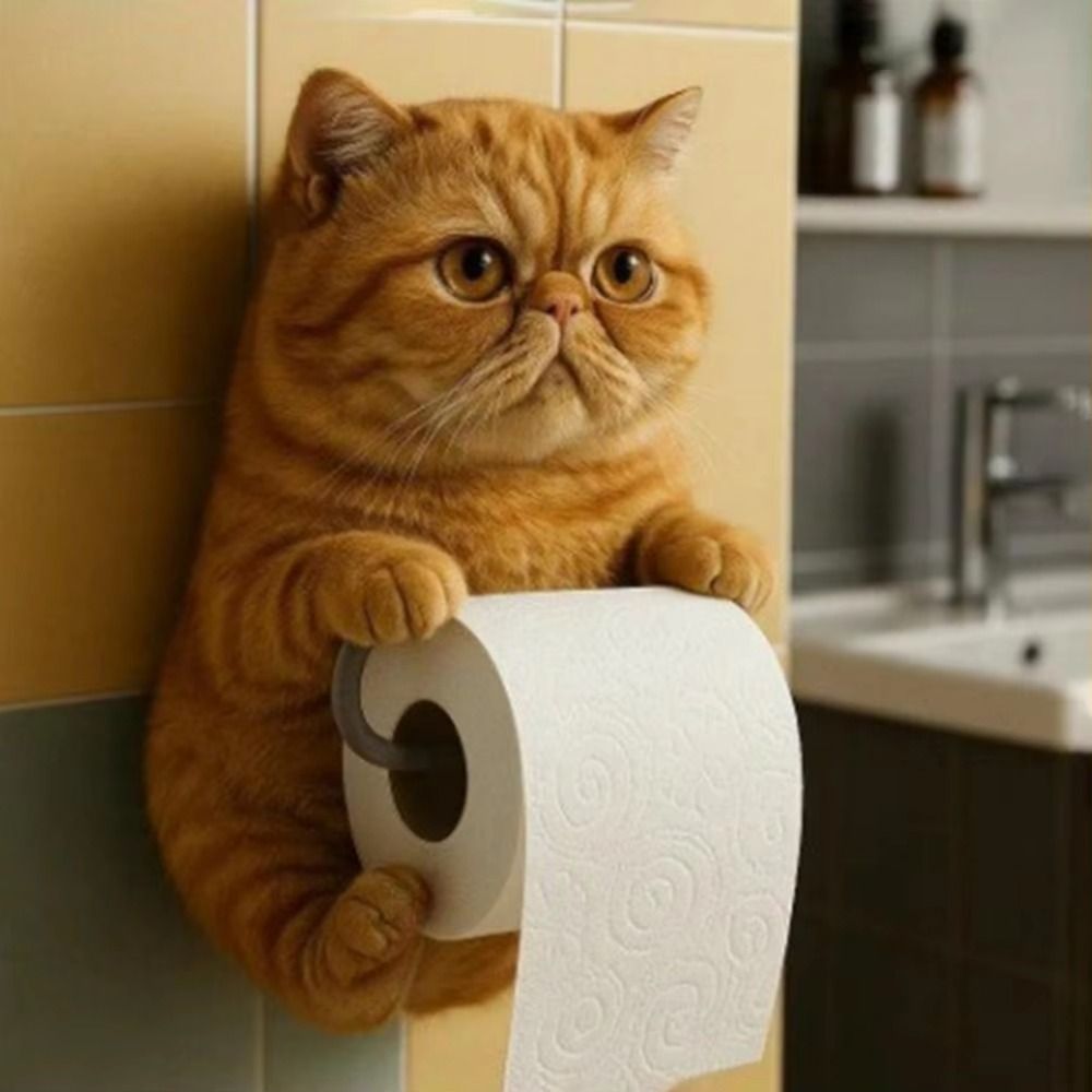Soporte de papel higiénico 3D con forma de gato, instalación sencilla, portarrollos realista montado en la pared, multifuncional, ahorro de espacio
