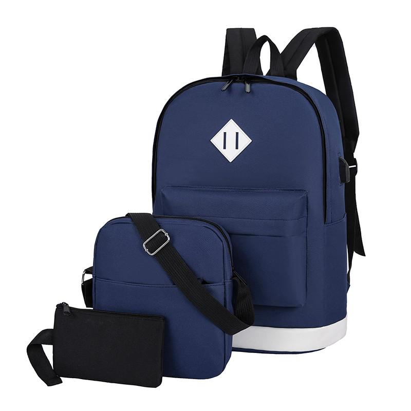3-- delige set effen damesrugzak oxford schooltas voor tienermeisjes, schoudertas met oplaadfunctie, 15.6 inch laptoprugzak: Blauw