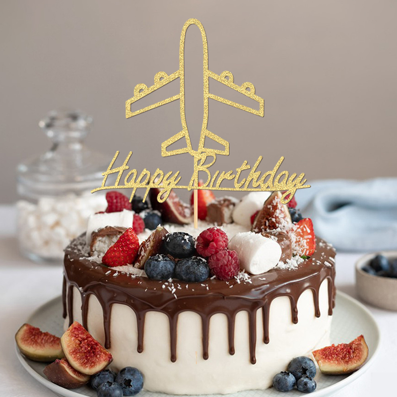 YOMDID Golden Airplane Cake Topper Glitter Cake Topper Paper Cake Decor Sparkly Party Cake Decoration for Birthday Celebrations