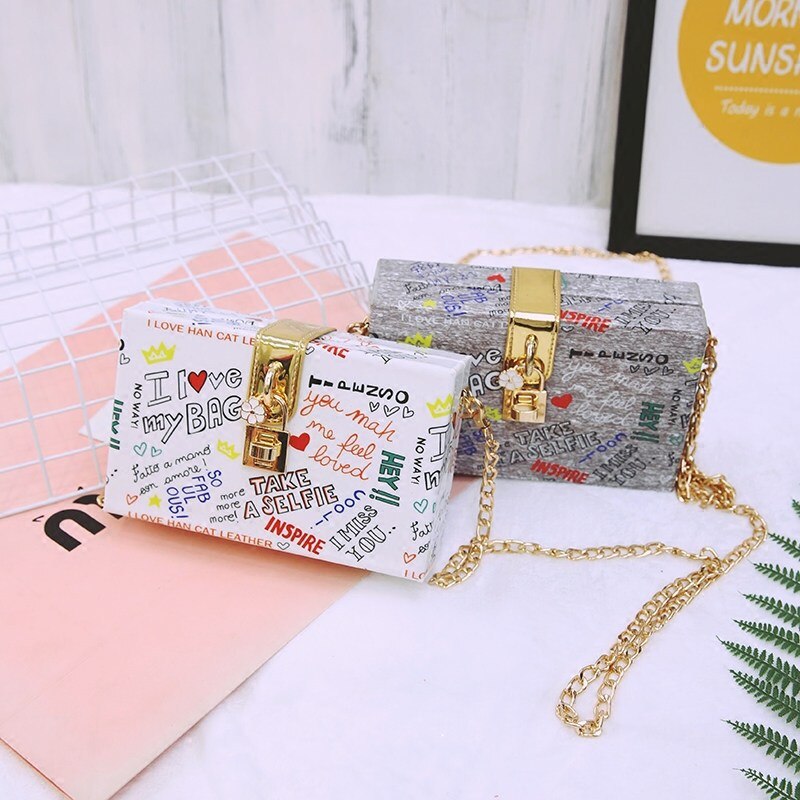 Alphabet Graffiti kleine quadrat Kasten kette schulter umhängetaschen niedlichen kupplung geldbörse abend mit schloss
