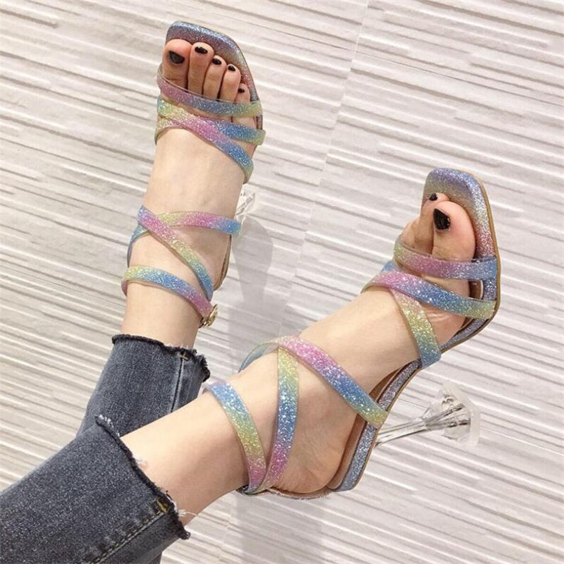 Sandalias MHYONS de de Color neón de PVC, sandalias sexis con puntera cuadrada, hebilla cruzada en el tobillo, correa de cristal, zapatos de boda con tacón Perspex