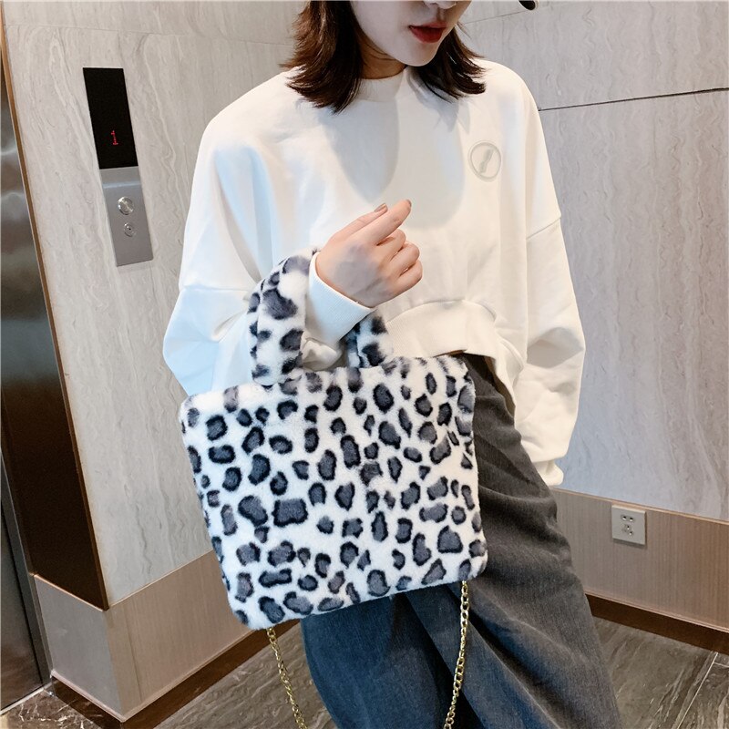 Women Winter Faux Fur Shoulder Bag Handbag lady Leopard print Handbag Female Party Small Girls Tote Bag Christmas