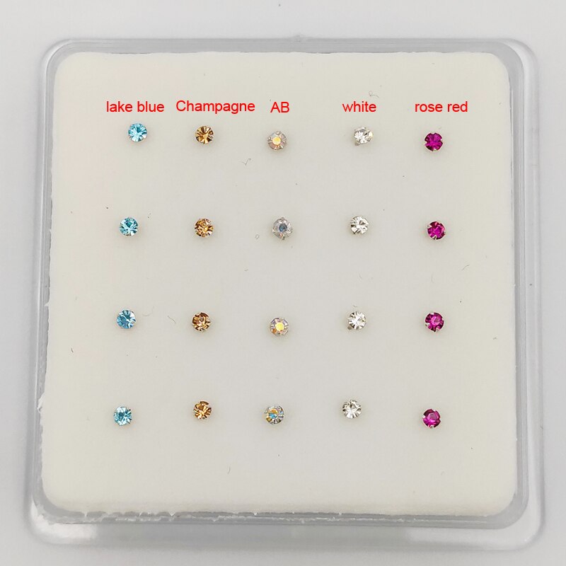 20pcs 925 Sterling Silver Nose Studs - 2mm Multicolor Crystal Round Body Piercing Jewelry
