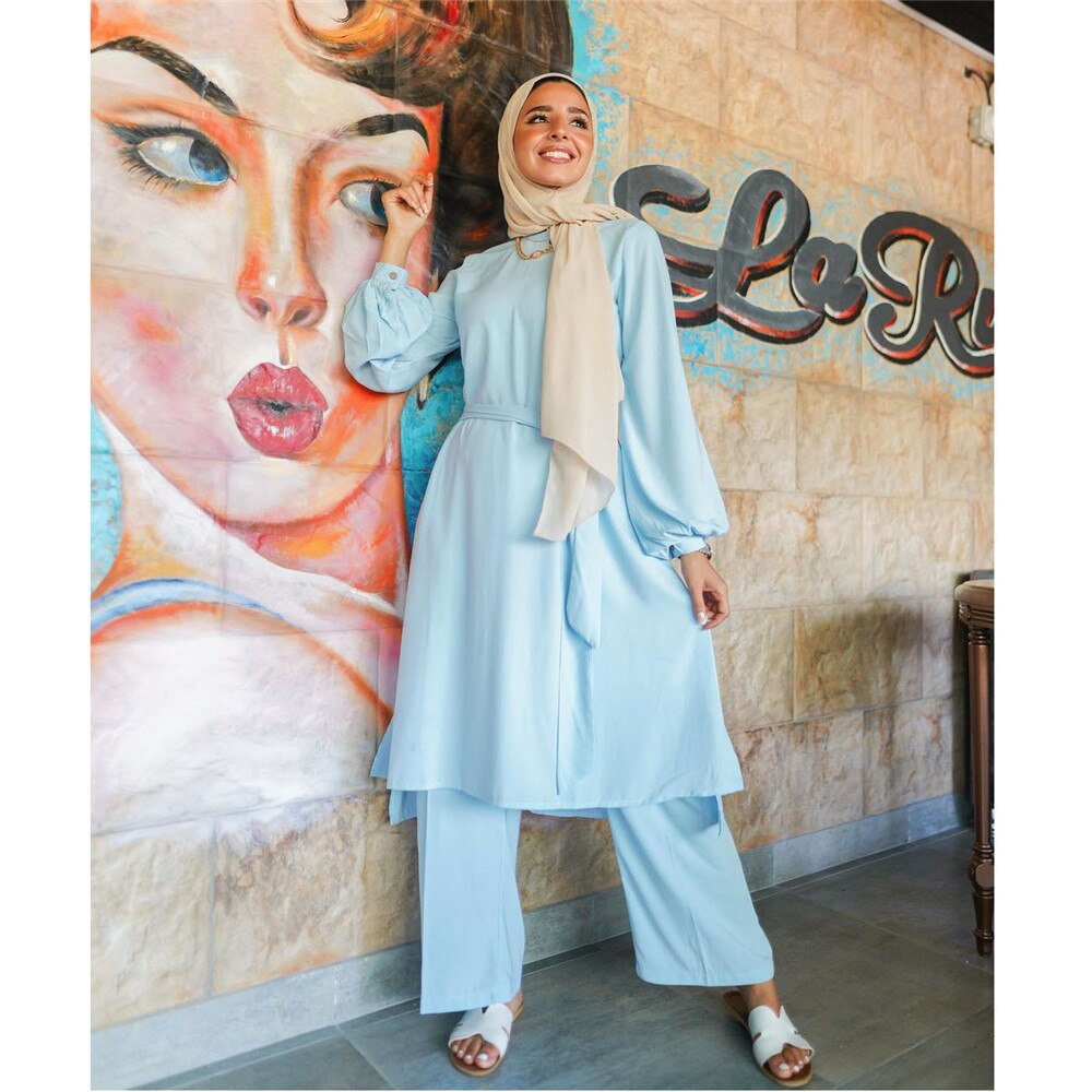 2 Piece Set Muslim Women Outfits Long Sleeve Tops Wide Leg Pants Sets Blouse Trousers Islamic Clothing Dubai Abaya Turkey Kaftan