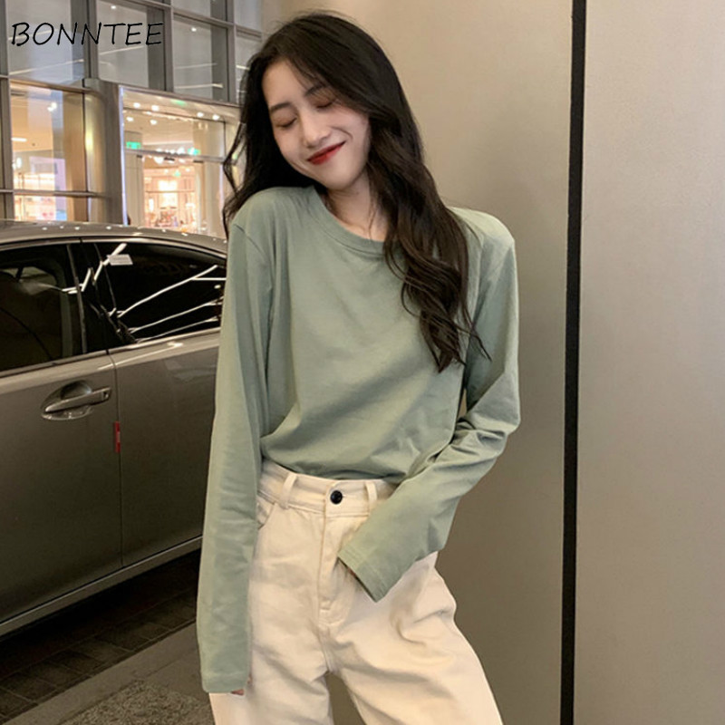 Lange Mouwen T-shirts Vrouwen Solid Simple Basic Casual Mode Ulzzang Studenten O-hals 2XL Zachte Streetwear