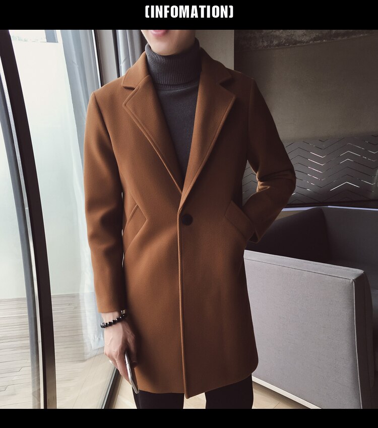 Winter Long Wool Coat Man Brown Warm Man Coat Korean Slim Fit Long Jacket Men Trend Brown Black Coat Men Casaco Masculino: Brown / Korean M 48-52kg