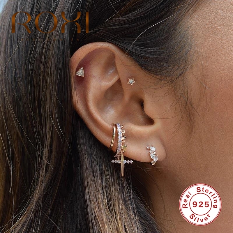 Roxi søde to stil stjerne mini øreringe til kvinder 925 sterling sølv pentagram piercing ørering pendientes kolczyki smykker