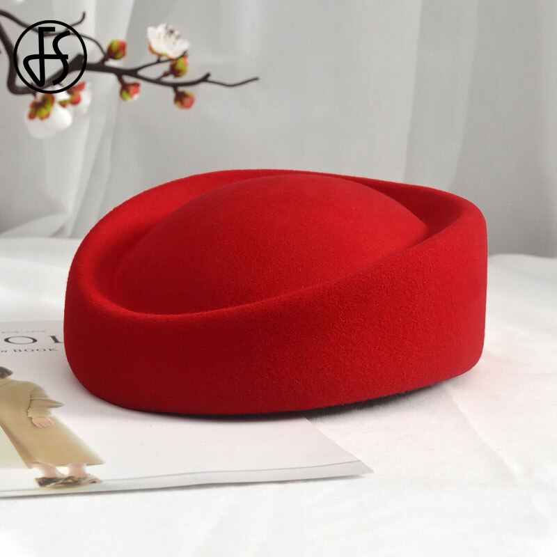 FS Women Fascinator Hat Base Red Wedding Party Church Cocktail Wool Hats Solid Fedora Hats For Bridal Chapeau Femme