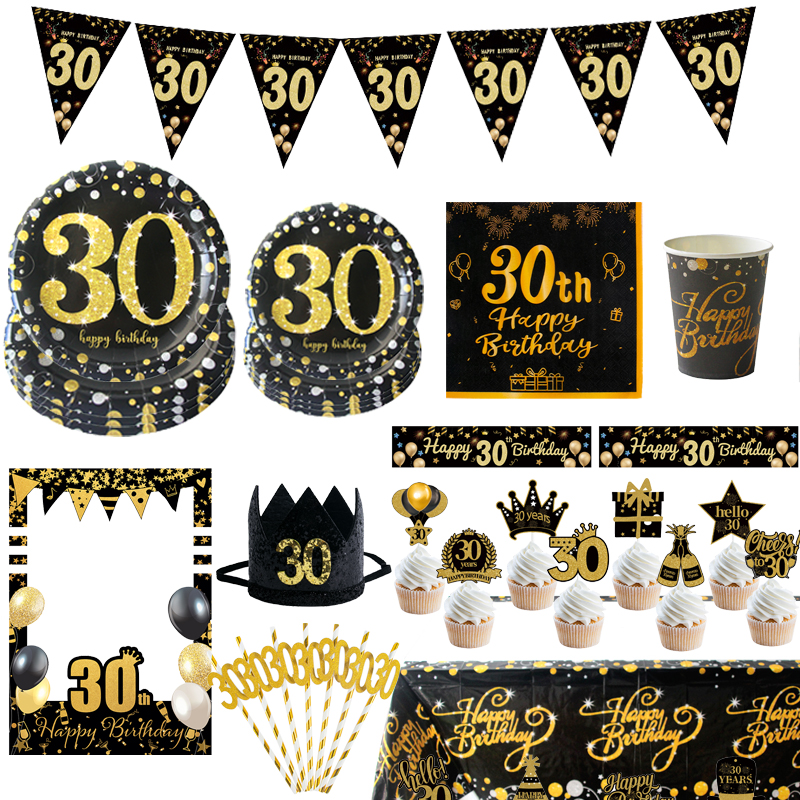 30th Birthday Party Supplies Black Gold Disposable Paper Plate Cup Banner Number 30 Balloons for Men Woman 30 Birthday Party