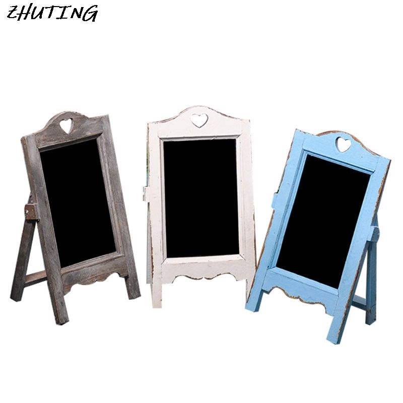 MyGift Shabby Whitewashed Wood Freestanding Chalkboard Easel With 3-Tiered Display Shelves, Decorative Chalkboard Plant Shelf Stand