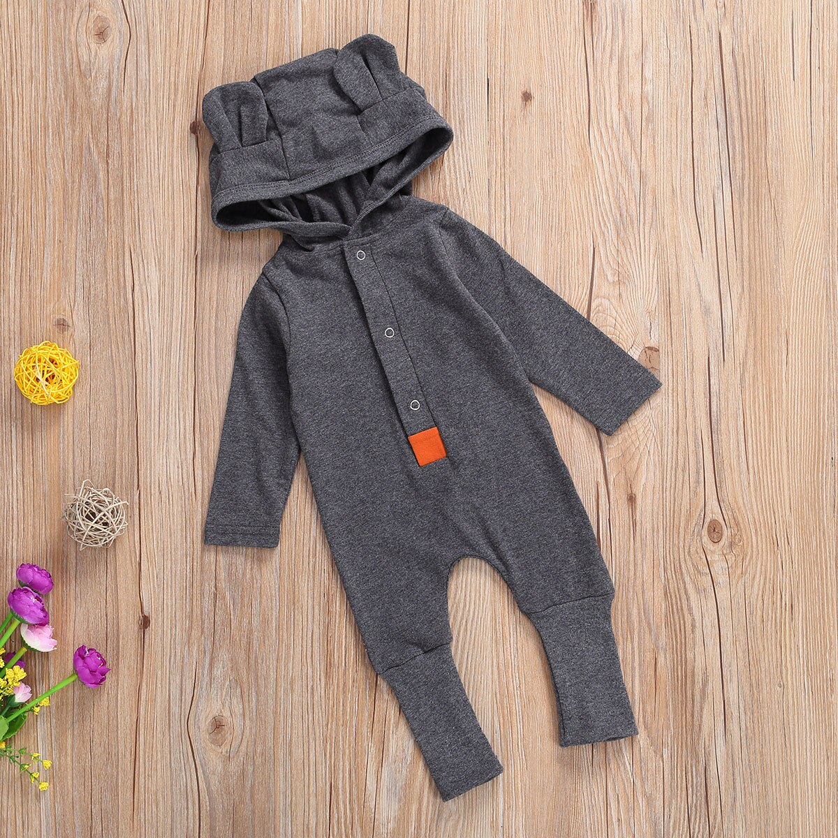 Leuke Baby Baby Lange Mouw Jumpsuit Herfst Mode Effen Kleur Single-Breasted Hooded Een Stuk Lange Cozy Ademende Kleding