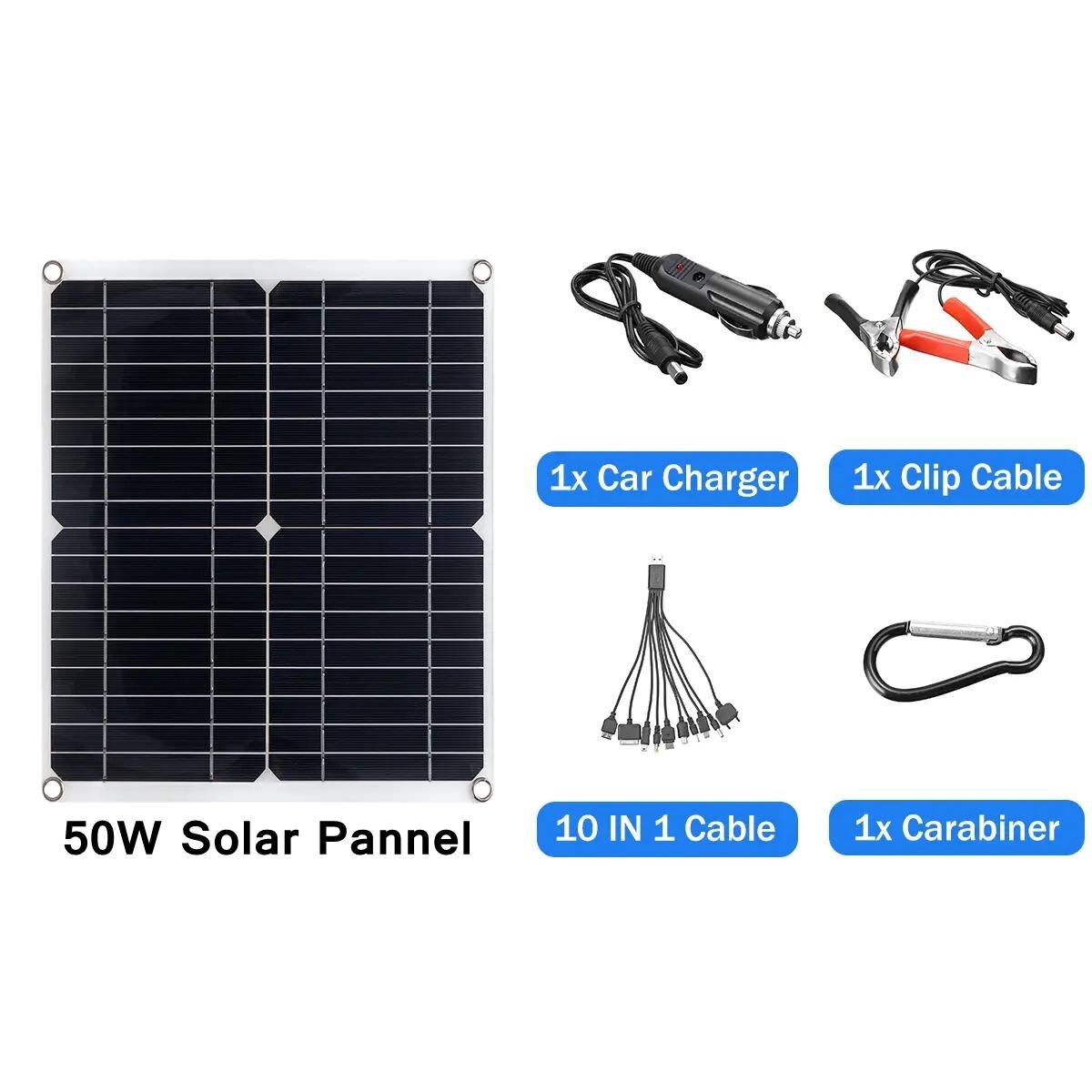 50w 18v solpanel usb power bank solpanelsæt komplet oplader med 10 in 1 opladningslinje til bådbil smartphone oplader