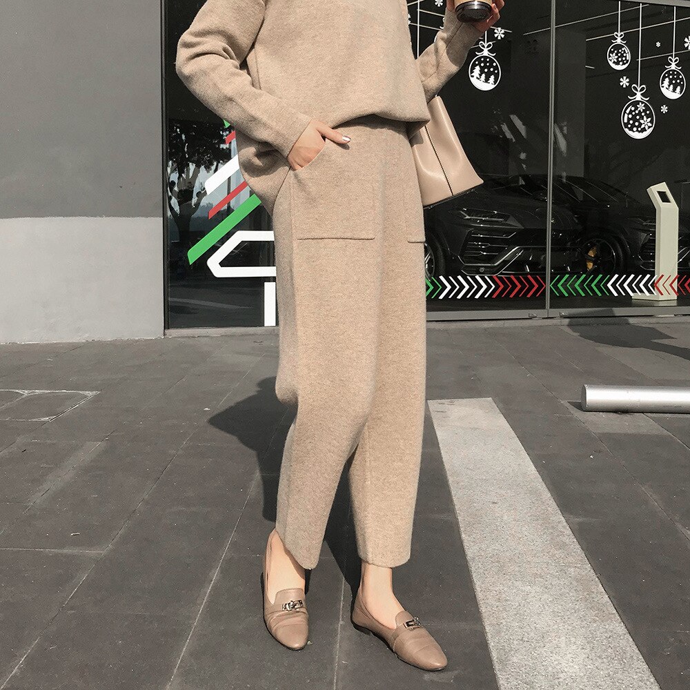 Women's Winter Warm Cool Sport Suit Loose Wide Leg Pants Sweater Two Piece Suit Solid Long Sleeve Sportwear: Grey Camel / S