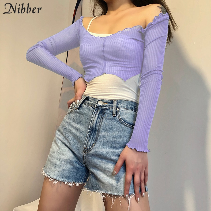 Nibber off shoulder streetwear sommartopp 2 tvådelad t-shirt dam slimmad mjuk t-shirt 2020 harajuku pure casual top t-shirt femme