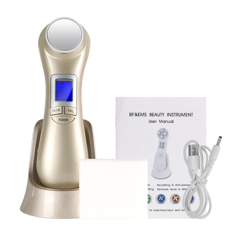 6 in1 LED RF Photon Therapy Facial Skin Lifting Rejuvenation Face Massage Machine EMS Ion Microcurrent Mesotherapy Beauty Device: Golden NO BOX