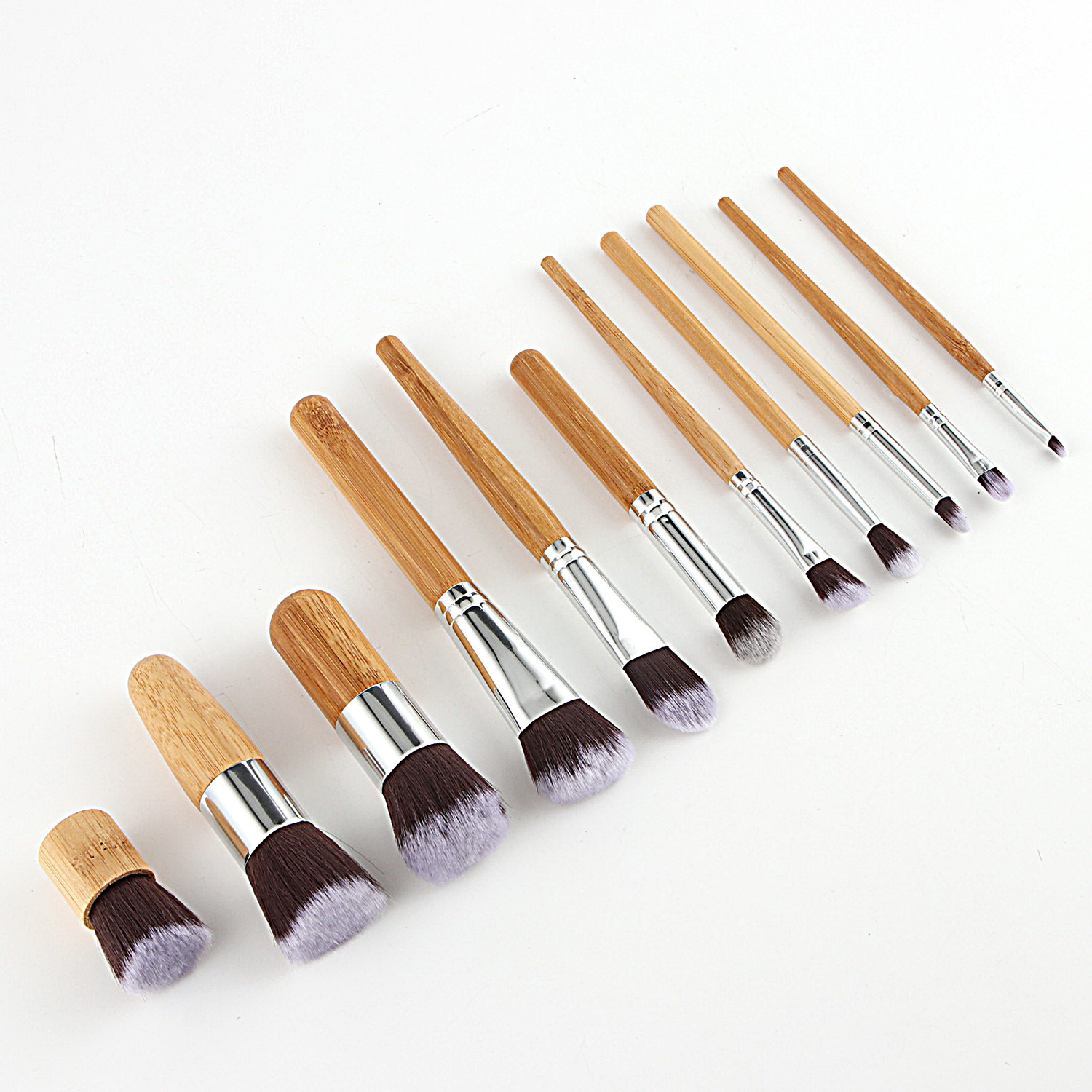 11 stk naturligt bambus håndtag makeup børster sæt foundation blending kosmetisk make-up værktøjssæt med bomuldspose