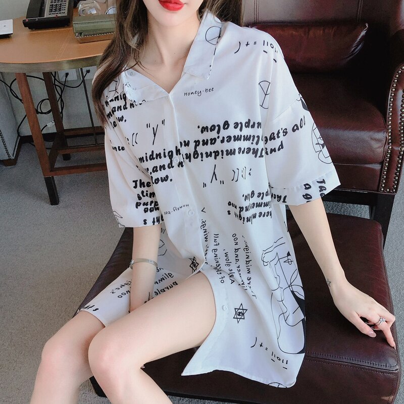 Zomer Vrouwen Wit Nachthemd Nachtkleding Turn-Down Kraag Sexy Chiffon Casual Modieuze Pyjama Halve Mouwen Print