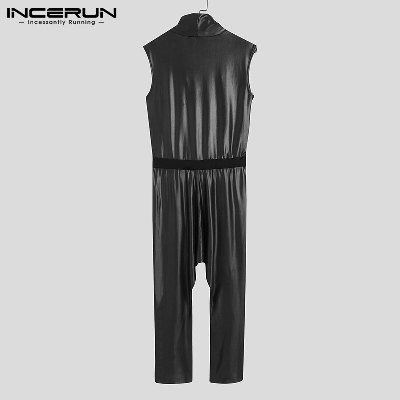 hommes combinaisons Streetwear sans manches col roulé faux cuir salopette pantalon à lacets solide décontracté hommes barboteuses INCERUN