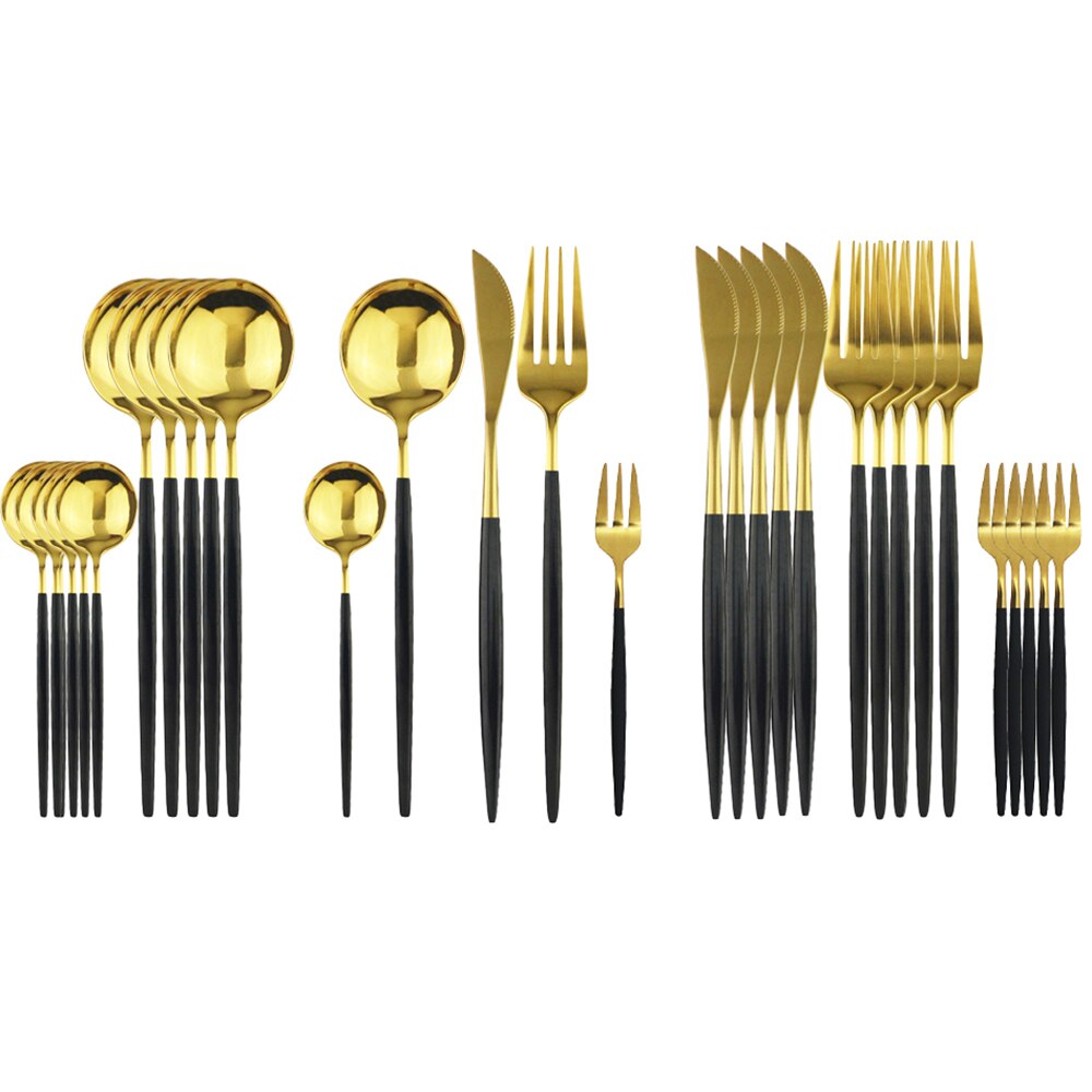 JANKNG – service de vaisselle noire, 30 pièces, fourchette à gâteau aux fruits, couteau en acier inoxydable, argenterie, couverts miroirs, service de table: Black Gold