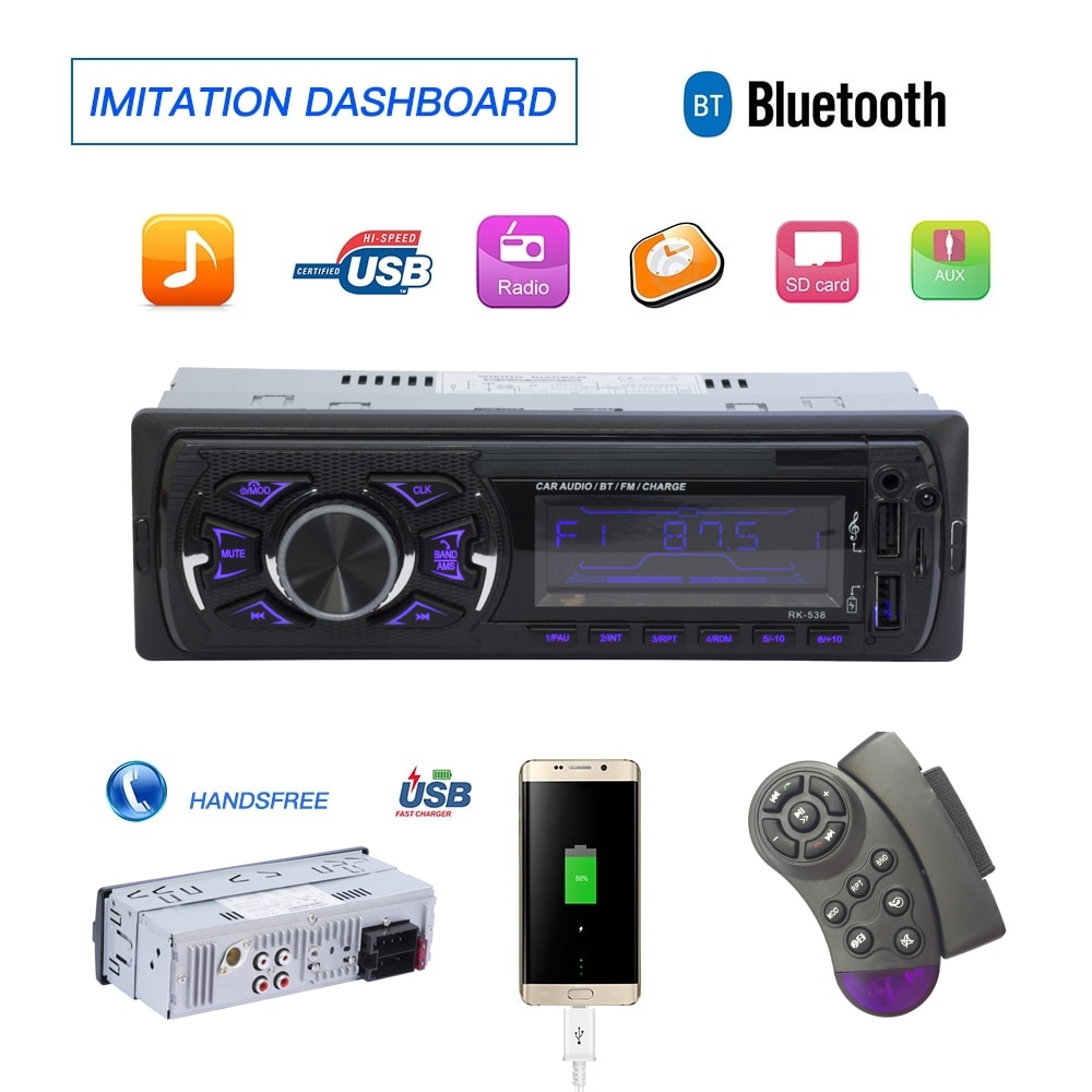 1 Din Car Radio FM DC 12V Fixed panel Auto Audio MP3 player Bluetooth Two USB Charger SD AUX SWC Remote RK-538
